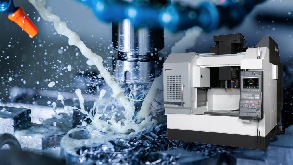 CNC Machine being cooled by water during a cutting process