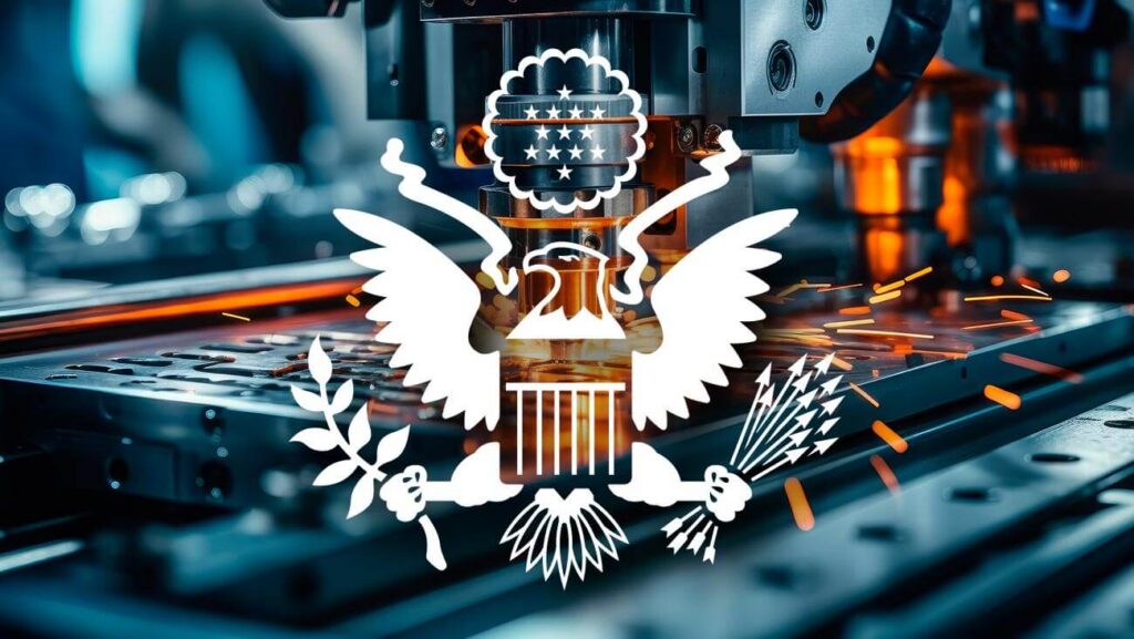 Precision laser cutting machine with U.S. government seal overlay, representing ITAR registration requirements for defense manufacturing suppliers.